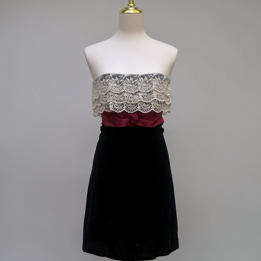 VTG 90s Y2K Betsey Johnson Evening Dress 2 Black Lace Velvet Bow Strapless Hoco